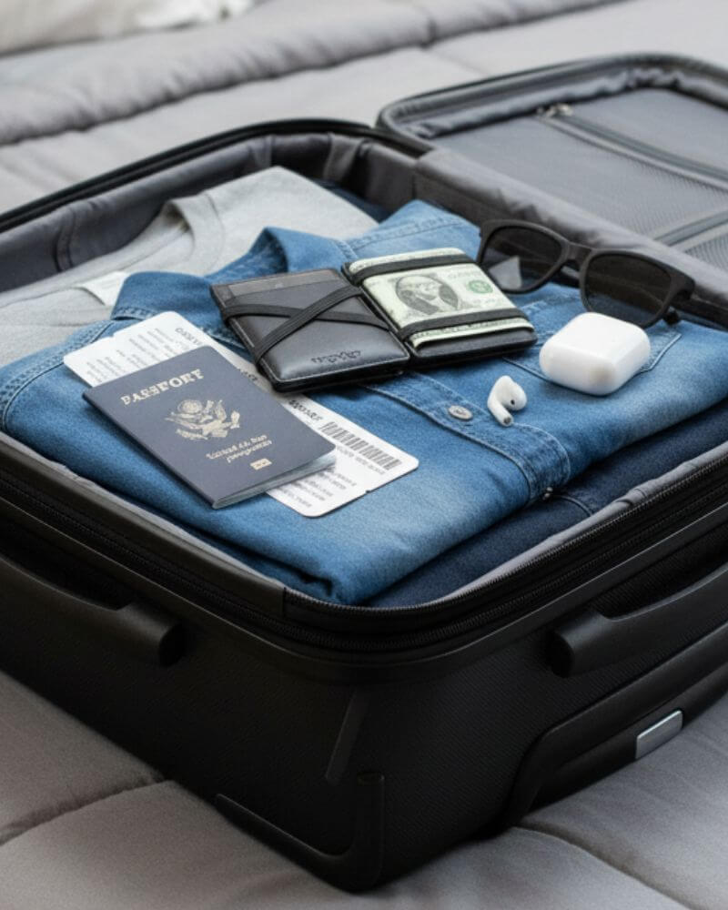 Wex Magic Wallet inside an open suitcase with travel essentials like passport, sunglasses, and AirPods — the perfect smart wallet for travelers.
