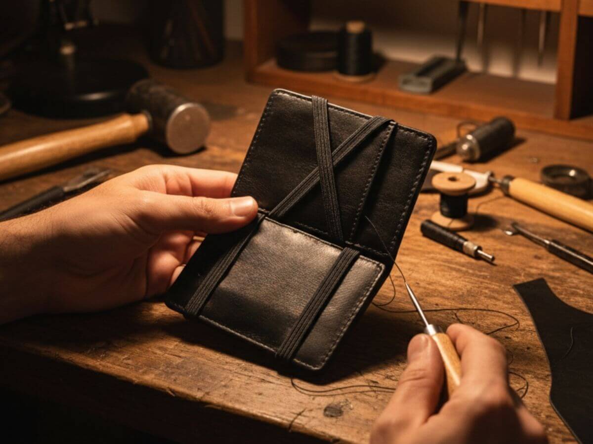 Hands crafting a Wexler Magic Wallet made of premium vegan leather on a wooden workbench.