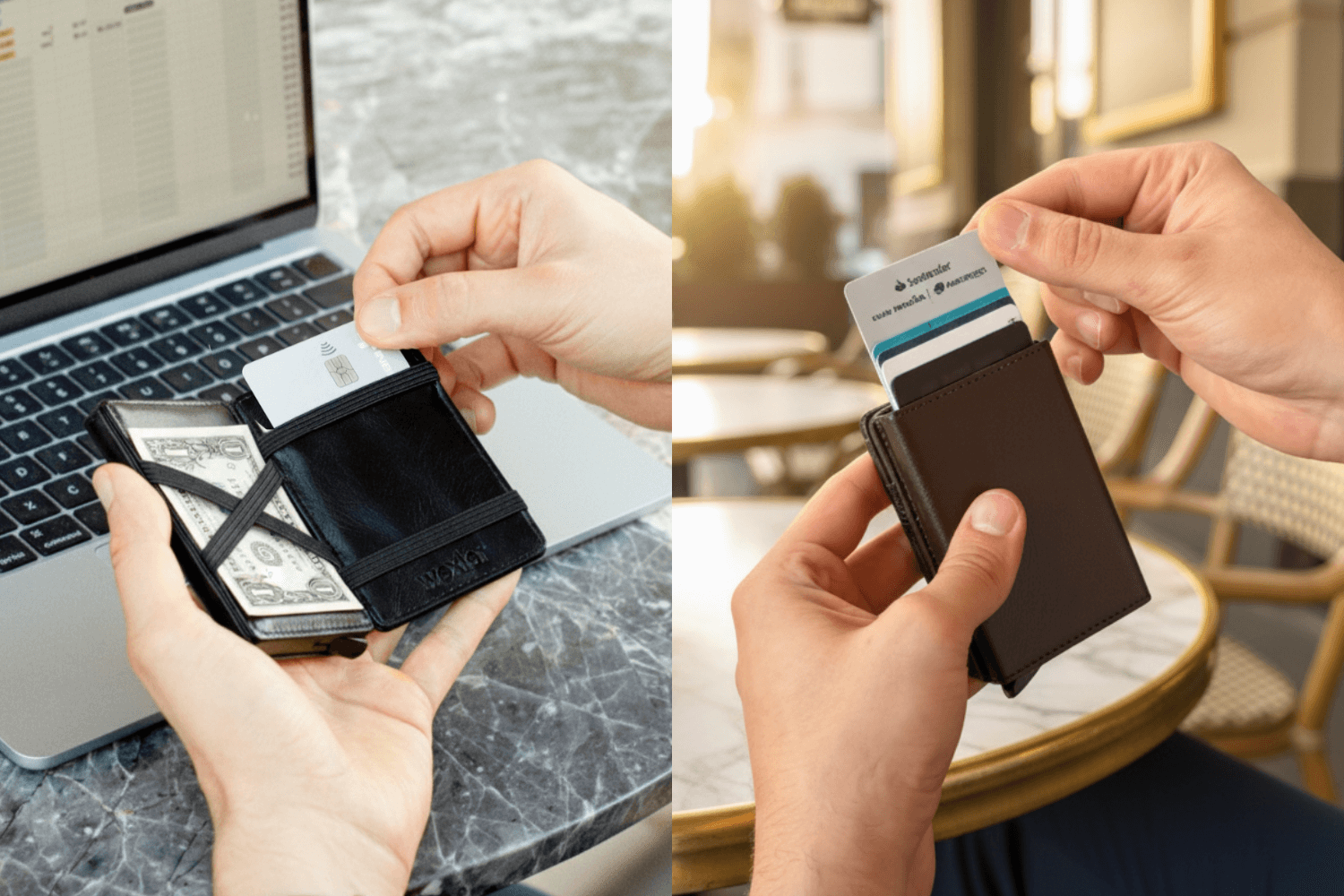 Close-up of the Wexler Magic Wallet being used at a laptop and coffee shop, highlighting its minimalist smart carry design.